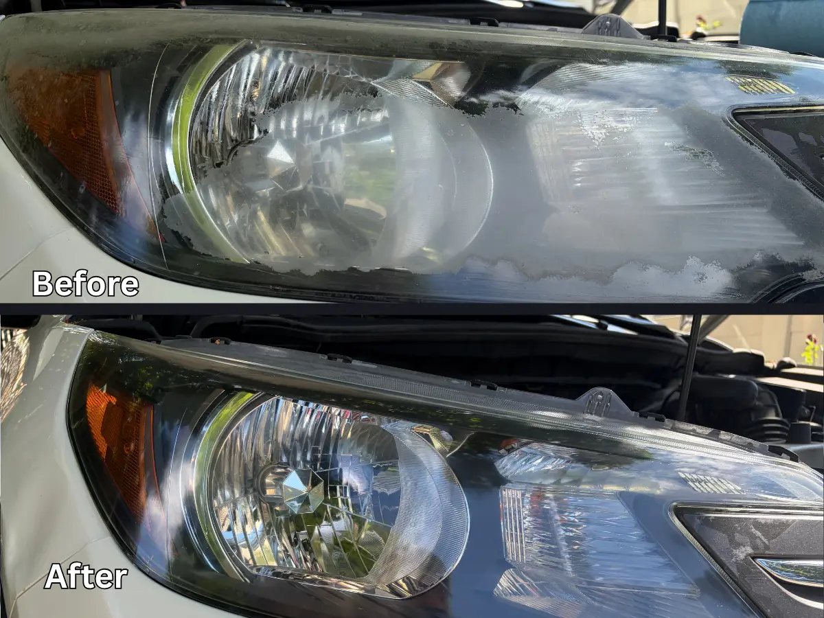 Headlight restoration before and after — Mitsubishi Outlander — severe fogging corrected