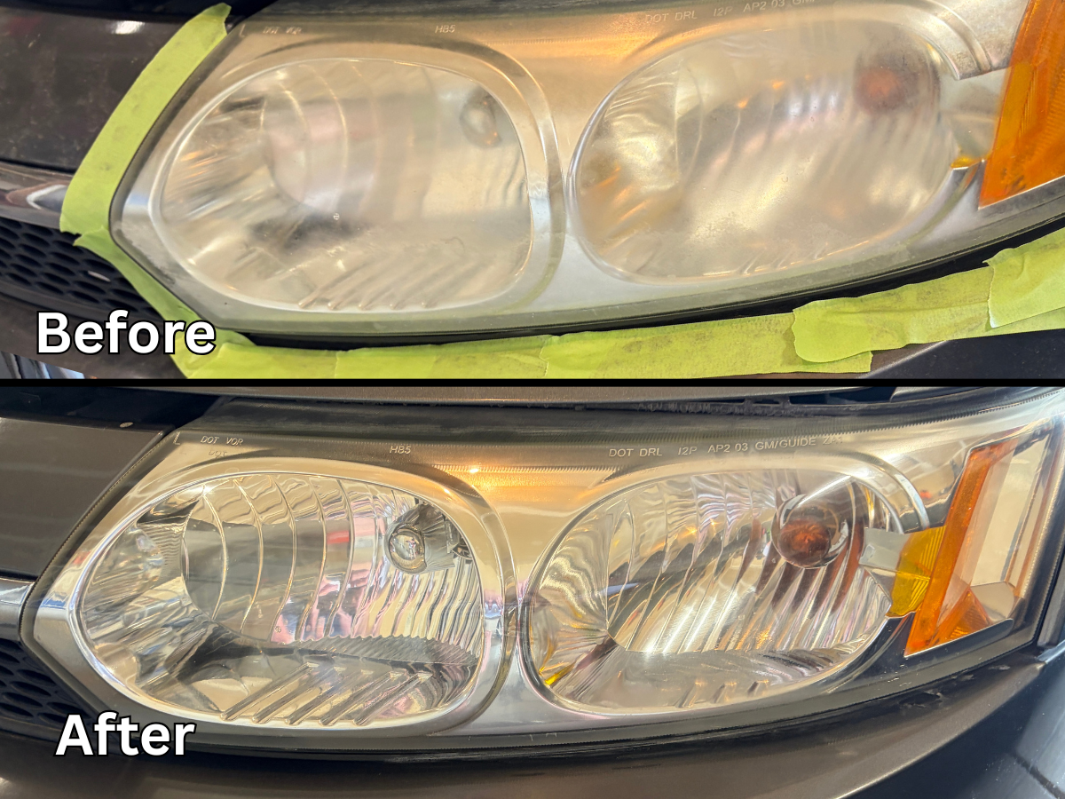 Headlight restoration before and after — Chevy Impala — heavy hazing sanded and sealed