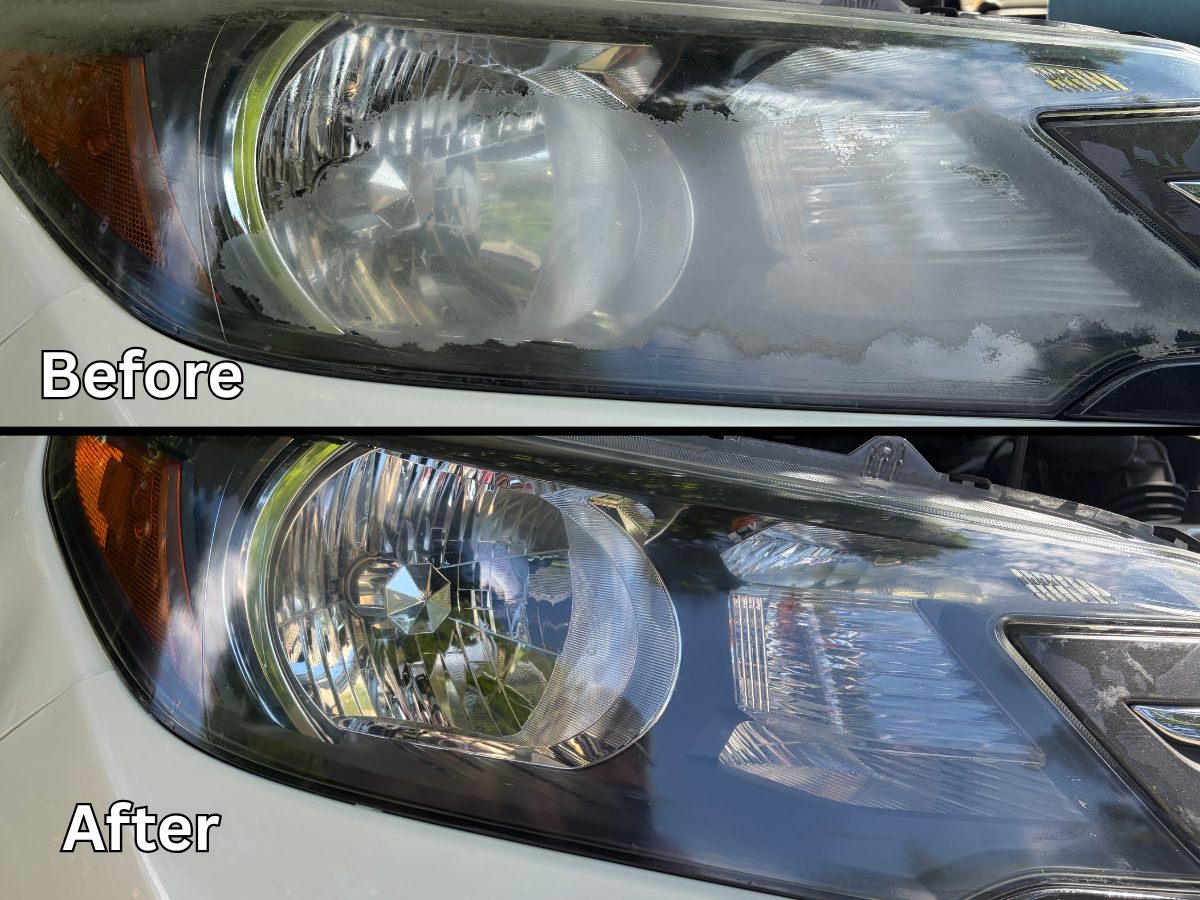 Headlight restoration before and after — Mitsubishi Outlander — heavy oxidation removed