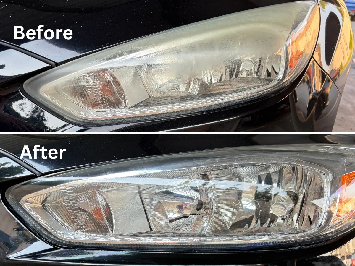 Headlight restoration before and after — Ford Focus — sanded, polished and sealed
