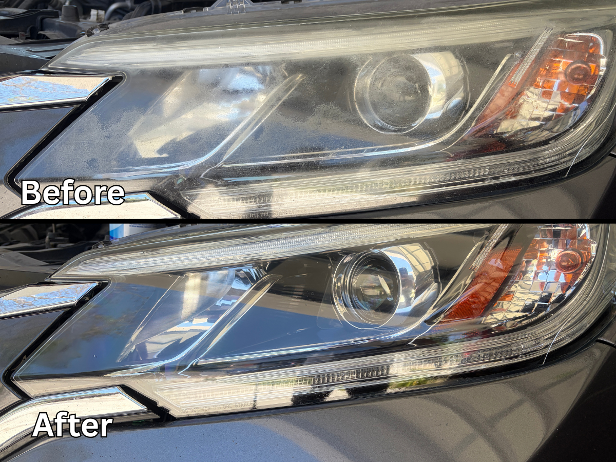 Headlight restoration before and after — Honda Accord — road film and oxidation removed