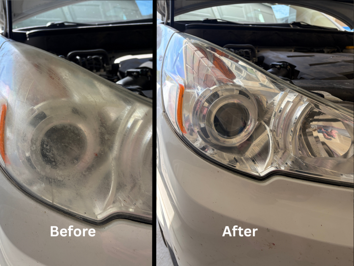 Headlight restoration before and after — Subaru — cloudy projector lens made clear again