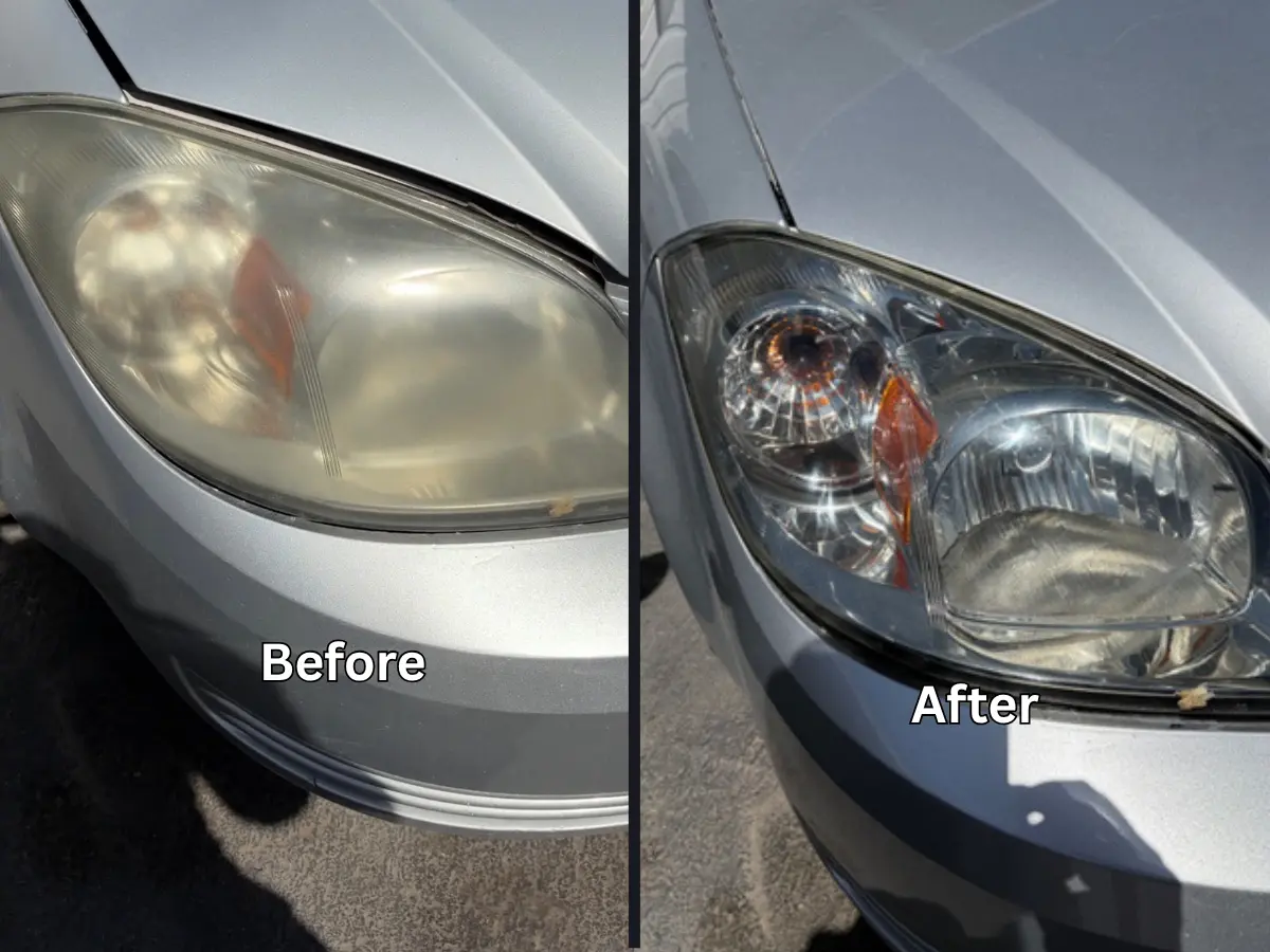 Headlight restoration before and after — Chevy Cobalt — foggy lens made crystal clear