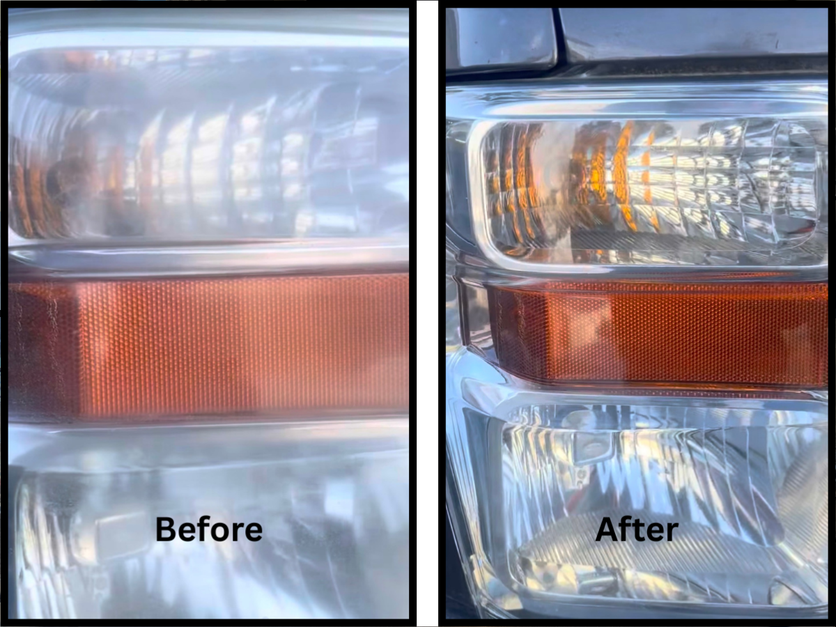 Headlight restoration before and after — Ford Super Duty — hazed lens polished and sealed