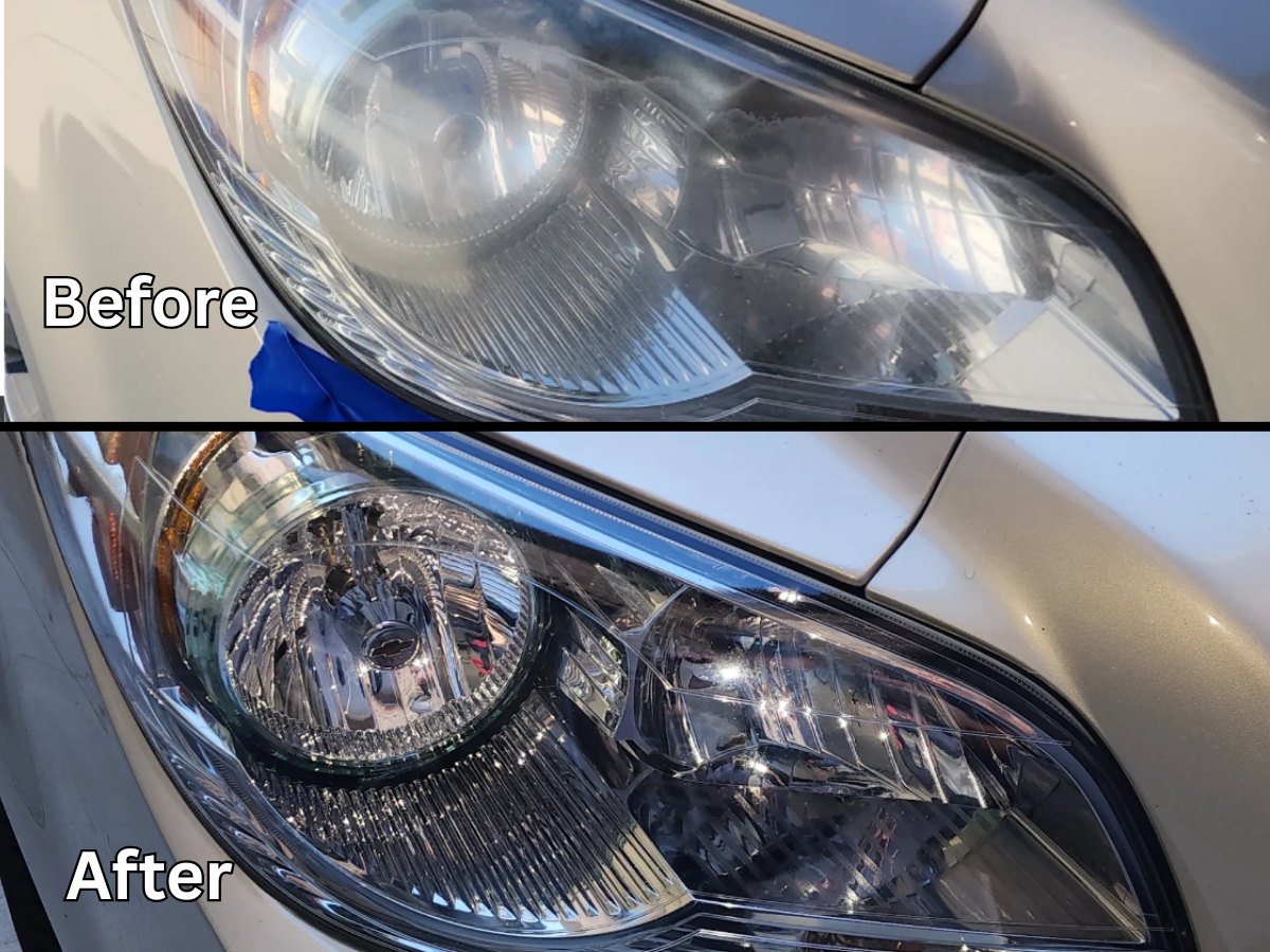 Headlight restoration before and after — Buick Encore — foggy lens brought back to new