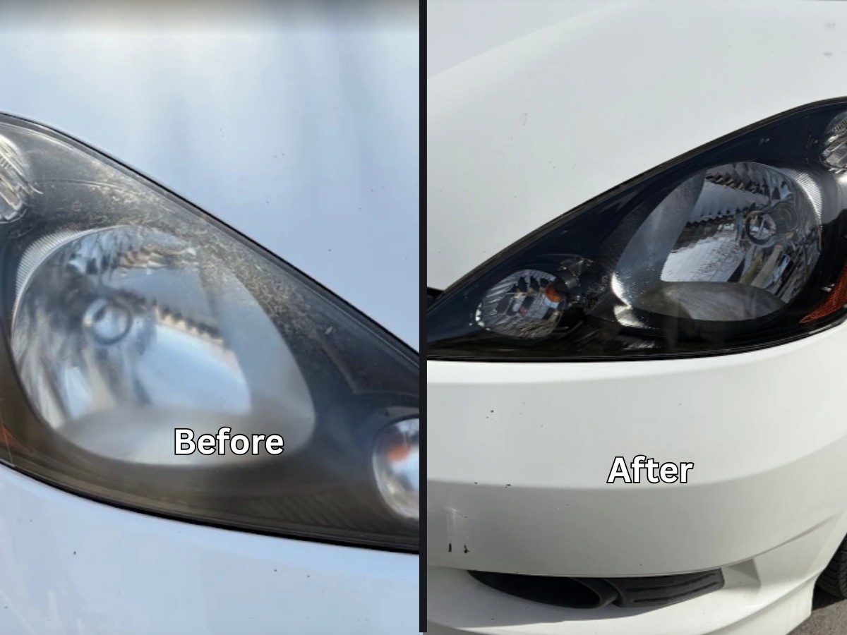 Headlight restoration before and after — Ford Focus — grimy black housing cleared up