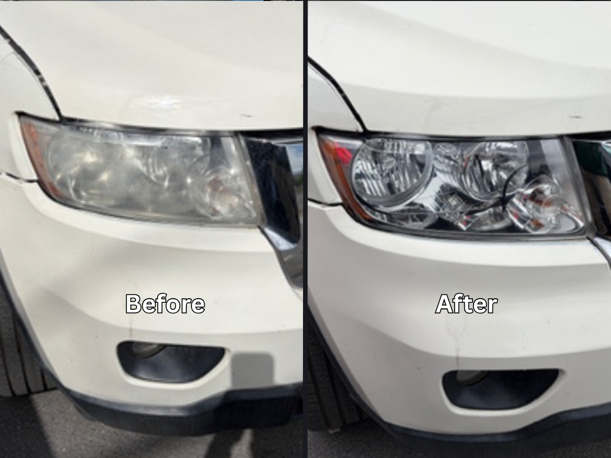 Headlight restoration before and after — Jeep Compass — foggy lens brought back to new