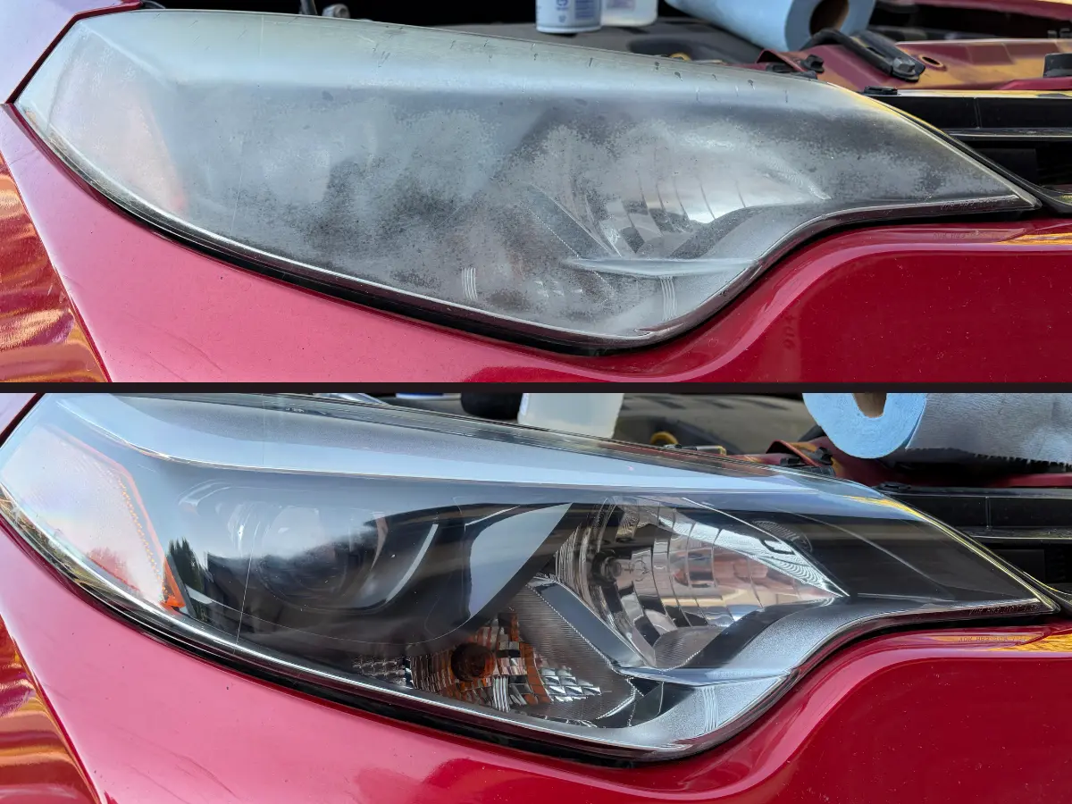 Headlight restoration before and after — Toyota Corolla — hazing and grime polished out