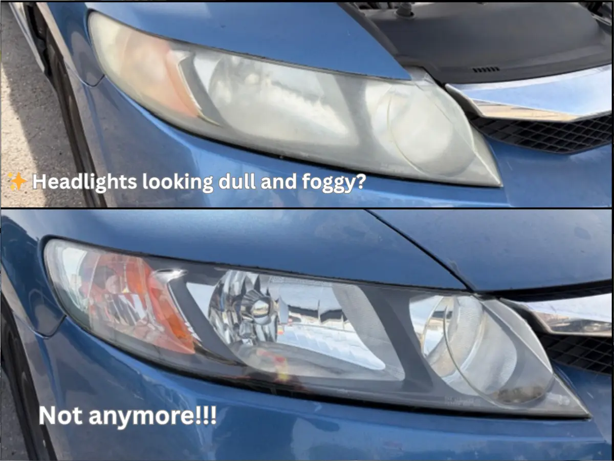 Headlight restoration before and after — Honda Civic — dull and foggy, not anymore