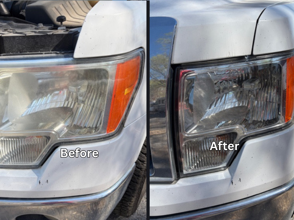 Headlight restoration before and after — Ford F-150 — sun-baked lens restored