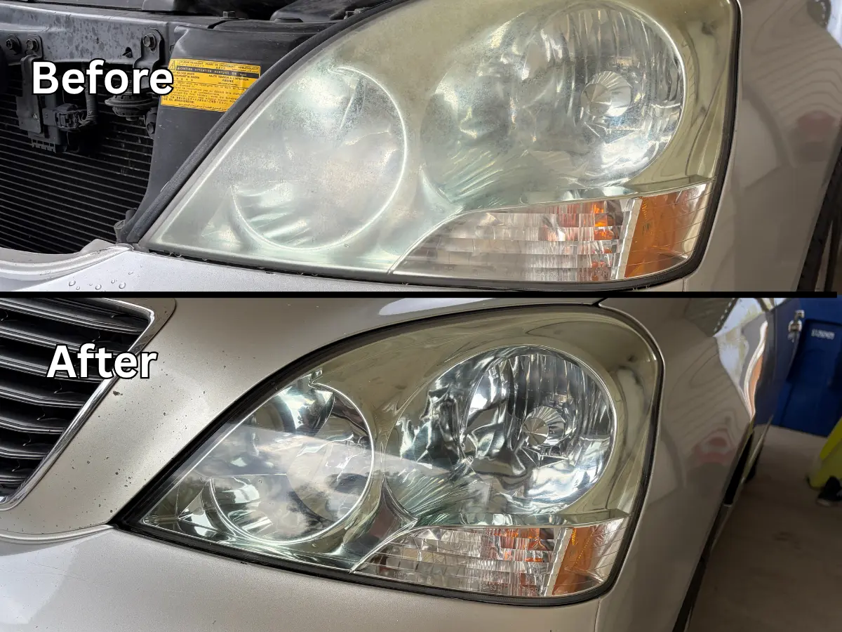 Headlight restoration before and after — Lexus RX — heavy oxidation removed, clear again
