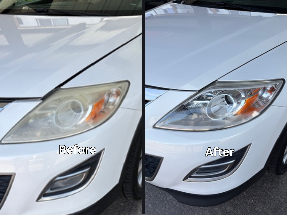 Headlight restoration before and after — Mazda CX-9 — yellowing cleared on both sides