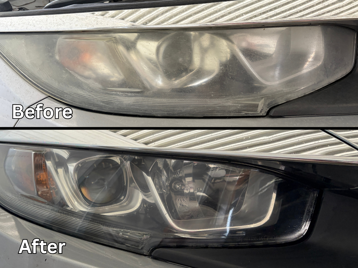 Headlight restoration before and after — Honda Accord — dull, scratched lens made clear