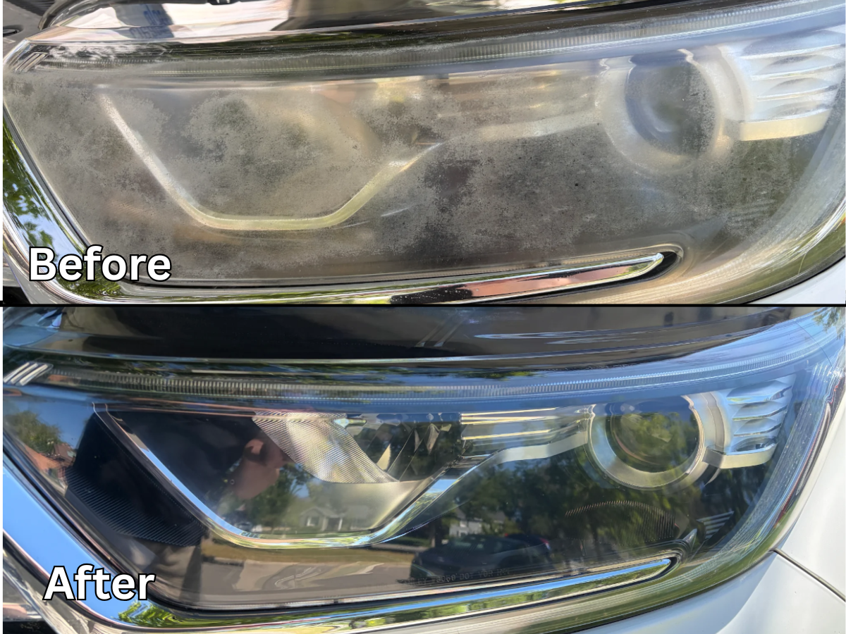 Headlight restoration before and after — Ford Edge — severe grime and yellowing cleared