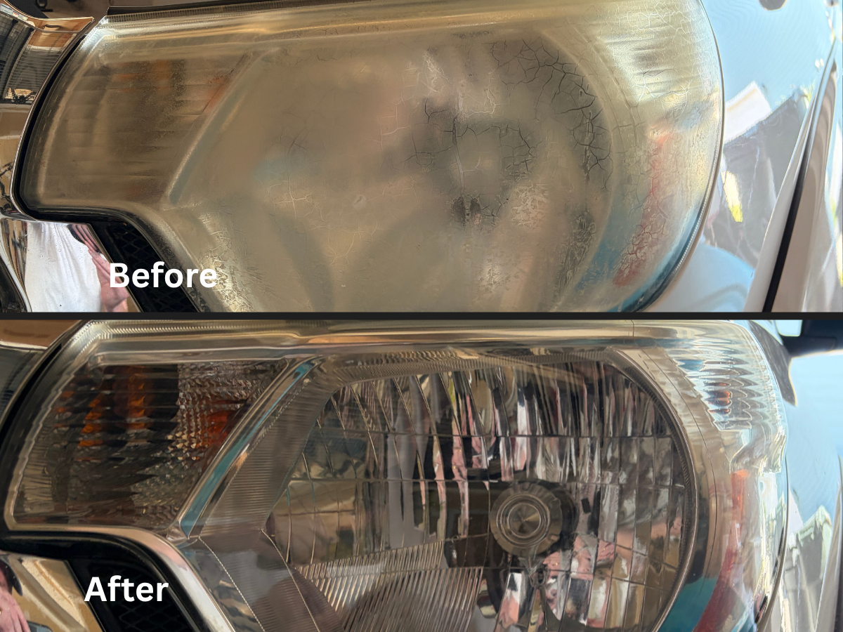 Headlight restoration before and after — Toyota Tacoma — cracked, yellowed lens fully restored