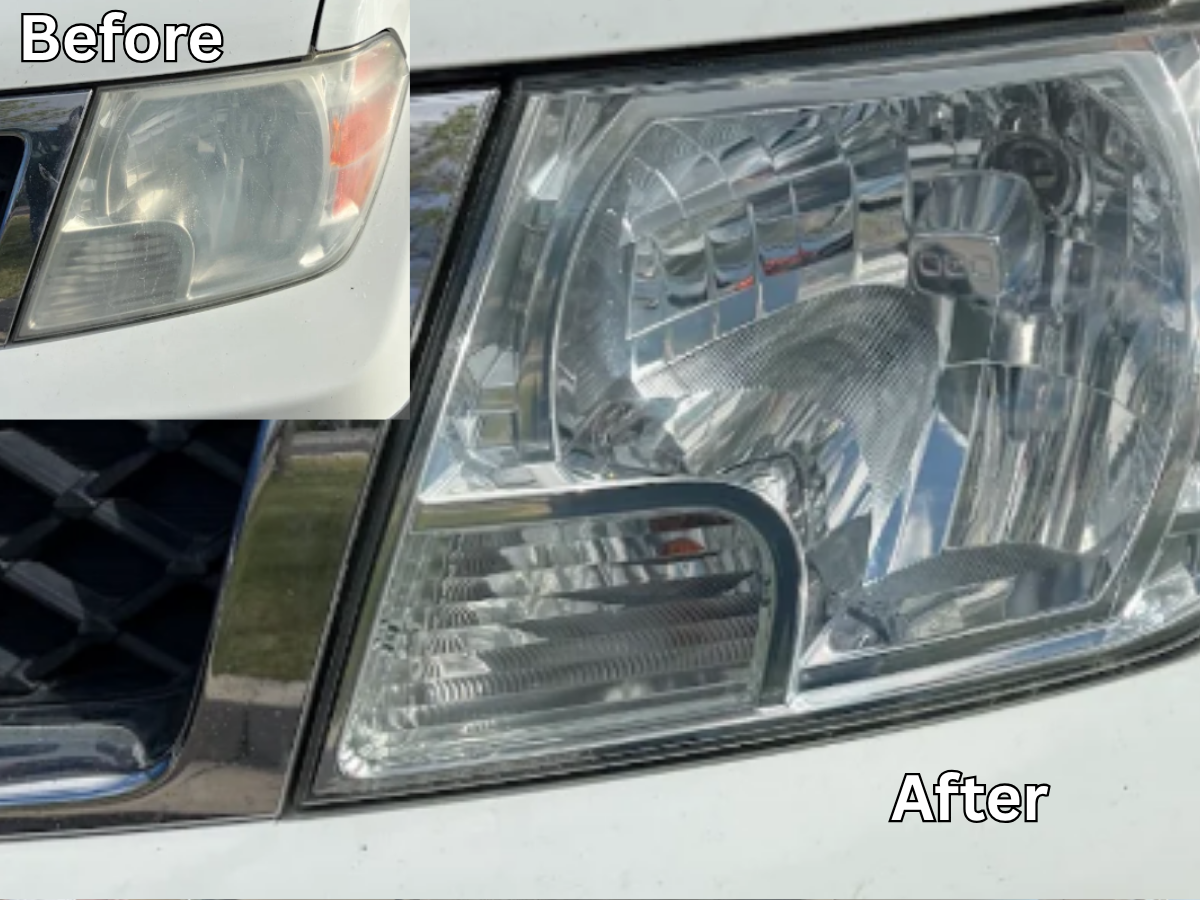 Headlight restoration before and after — Nissan Frontier — cloudy lens restored to factory clarity