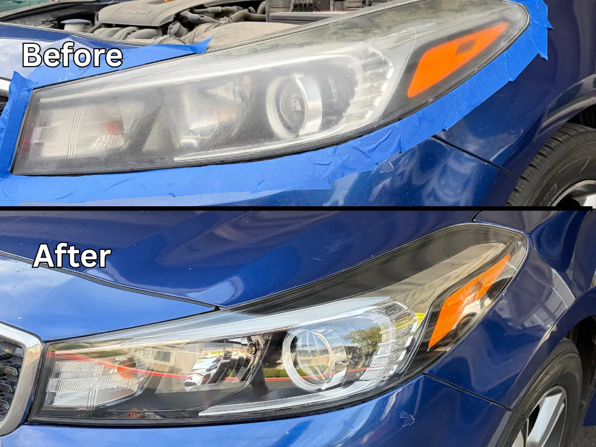 Headlight restoration before and after — Kia Forte — smoked, cloudy lens brought back