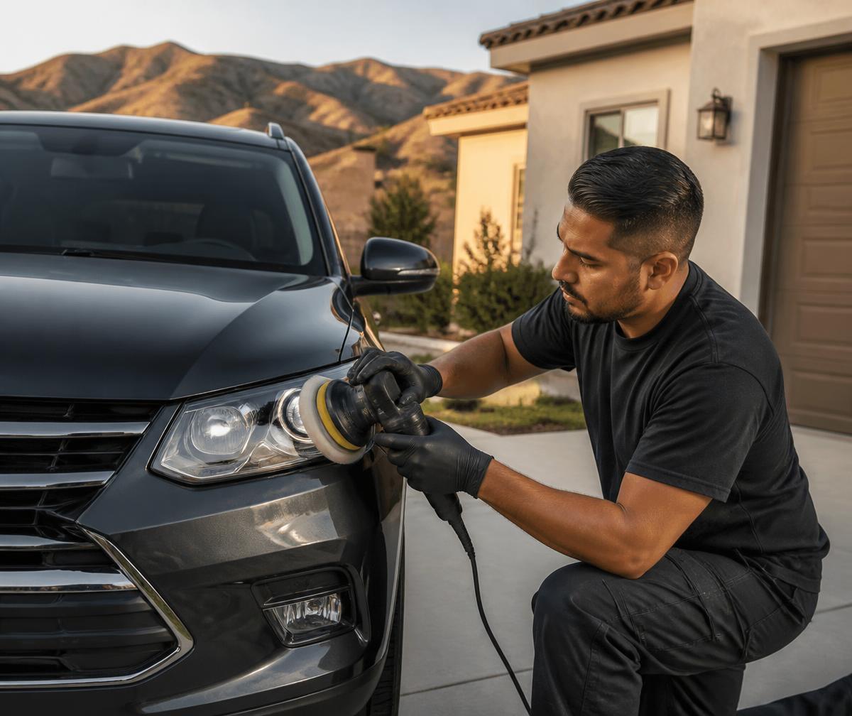 Technician restoring headlights at a Herriman home — machine polishing the headlight of a family SUV in a residential driveway