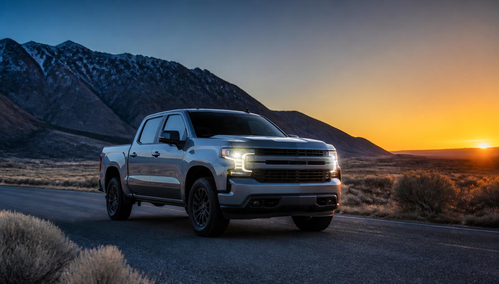 Mobile headlight restoration service in Herriman Utah — pickup truck with one restored headlight illuminated on an open road near the Oquirrh foothills at sunset