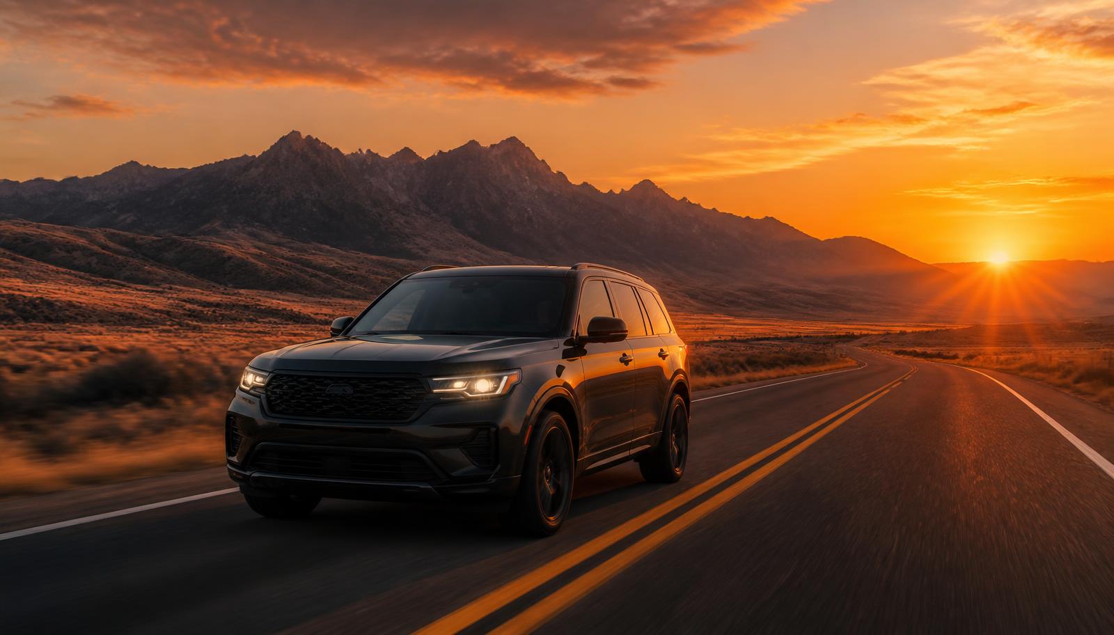 Vehicle traveling on an open west-side road near Herriman Utah at sunset