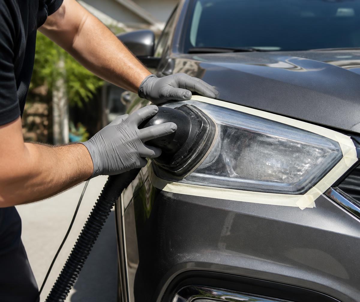 Technician restoring headlights at a Lehi home — sanding the headlight of a crossover in a clean driveway
