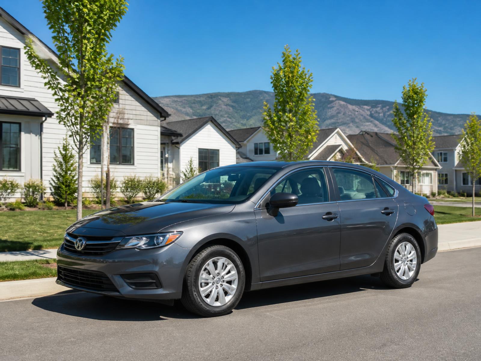 Professional headlight restoration near Traverse Mountain — commuter sedan parked outdoors in a Lehi neighborhood on a bright sunny day