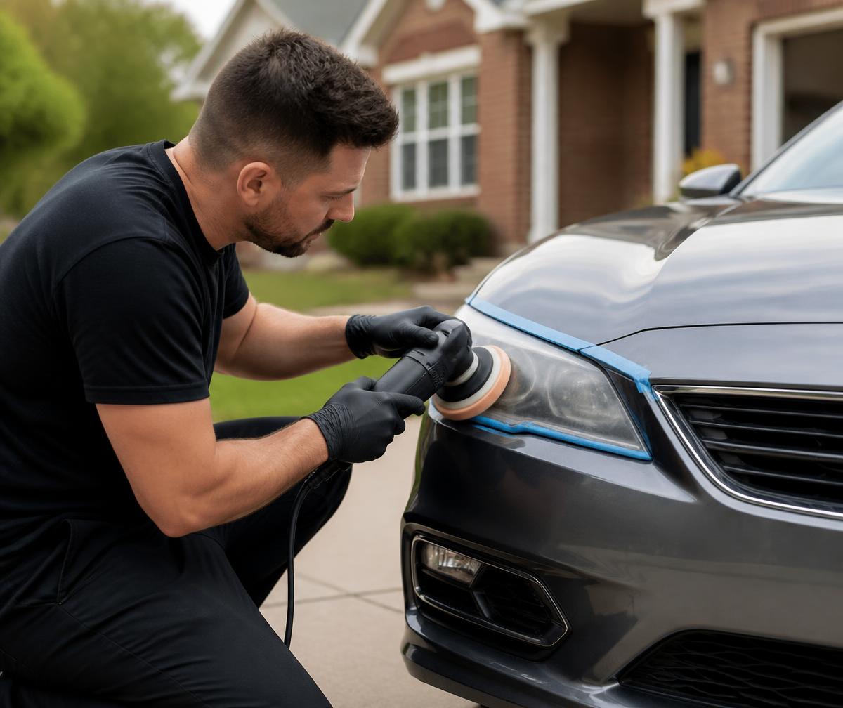 Technician restoring headlights at a Midvale home — machine polishing the headlight of a sedan in a residential driveway