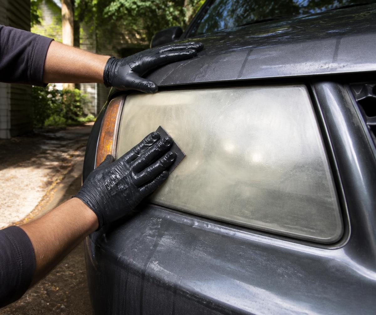 Technician restoring headlights at a Millcreek home — sanding a cloudy headlight in a shaded driveway beneath mature trees