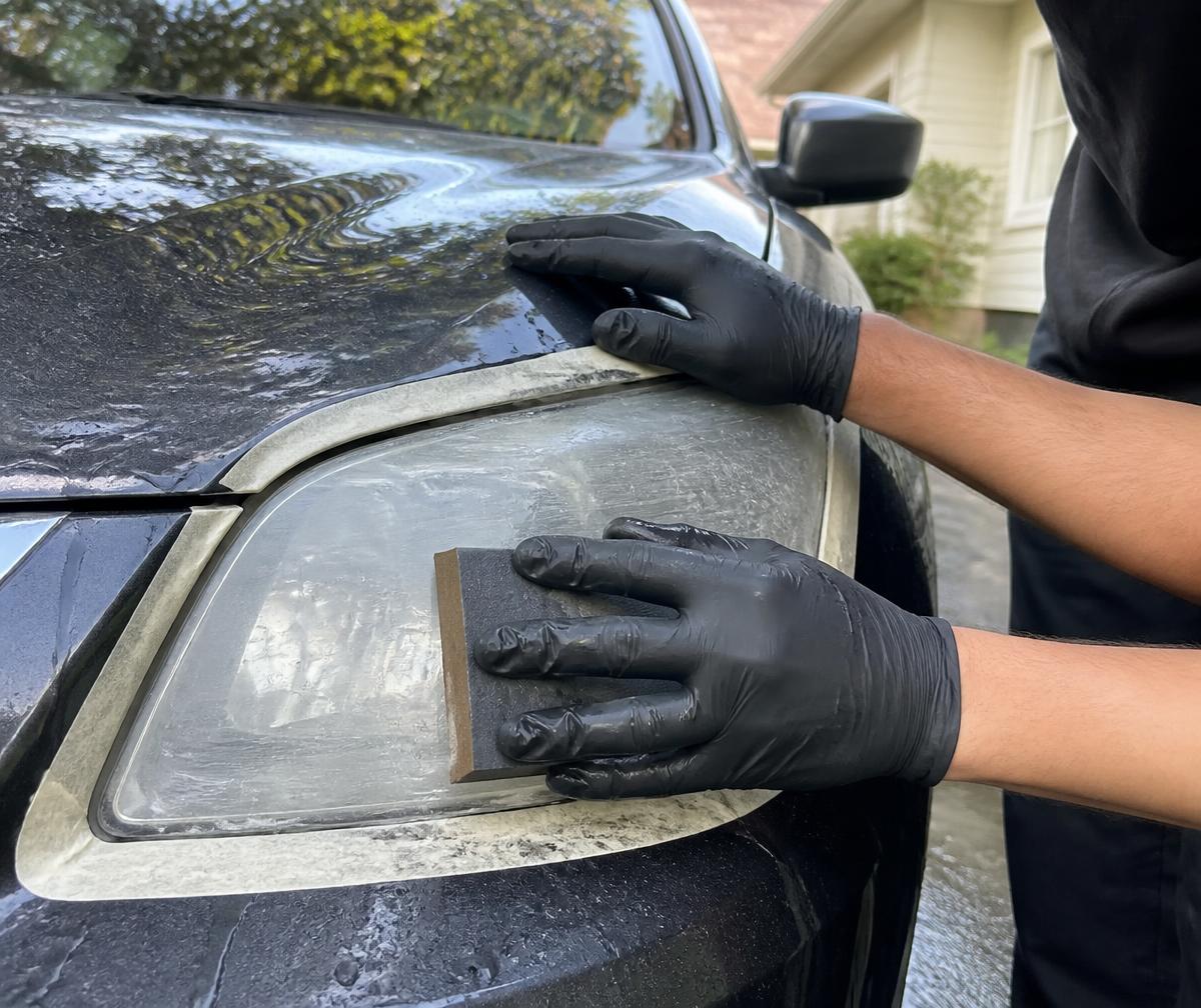 Technician sanding headlights at a Murray home — removing oxidation from a cloudy headlight in a shaded driveway