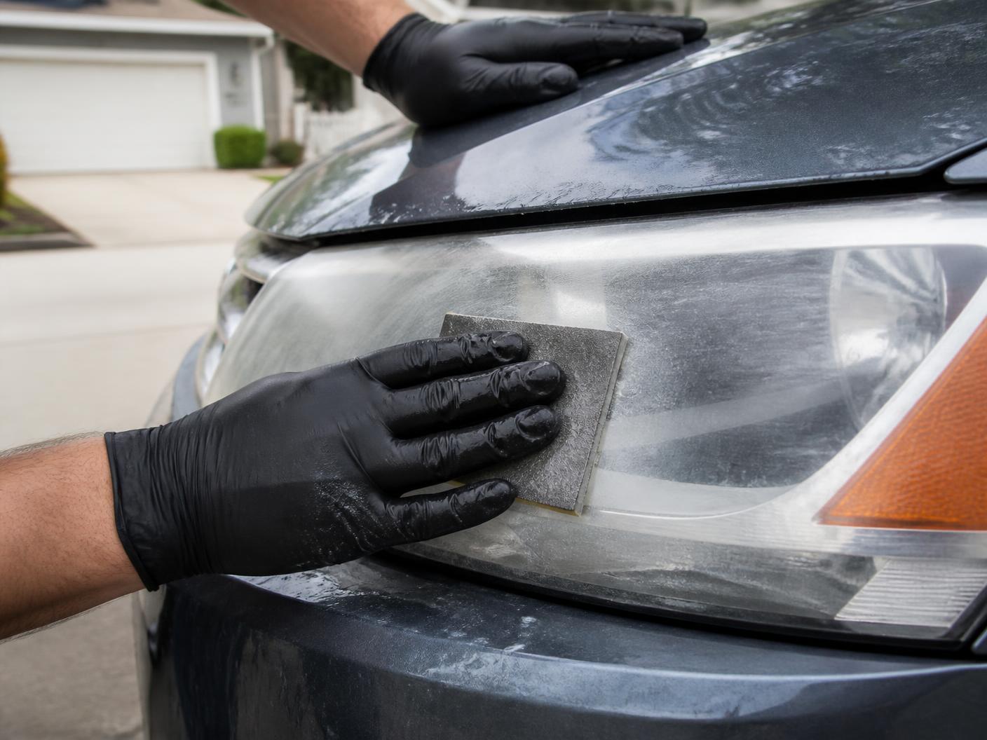 Technician sanding headlights at a Riverton home — gloved hands wet-sanding a cloudy headlight in a clean residential driveway