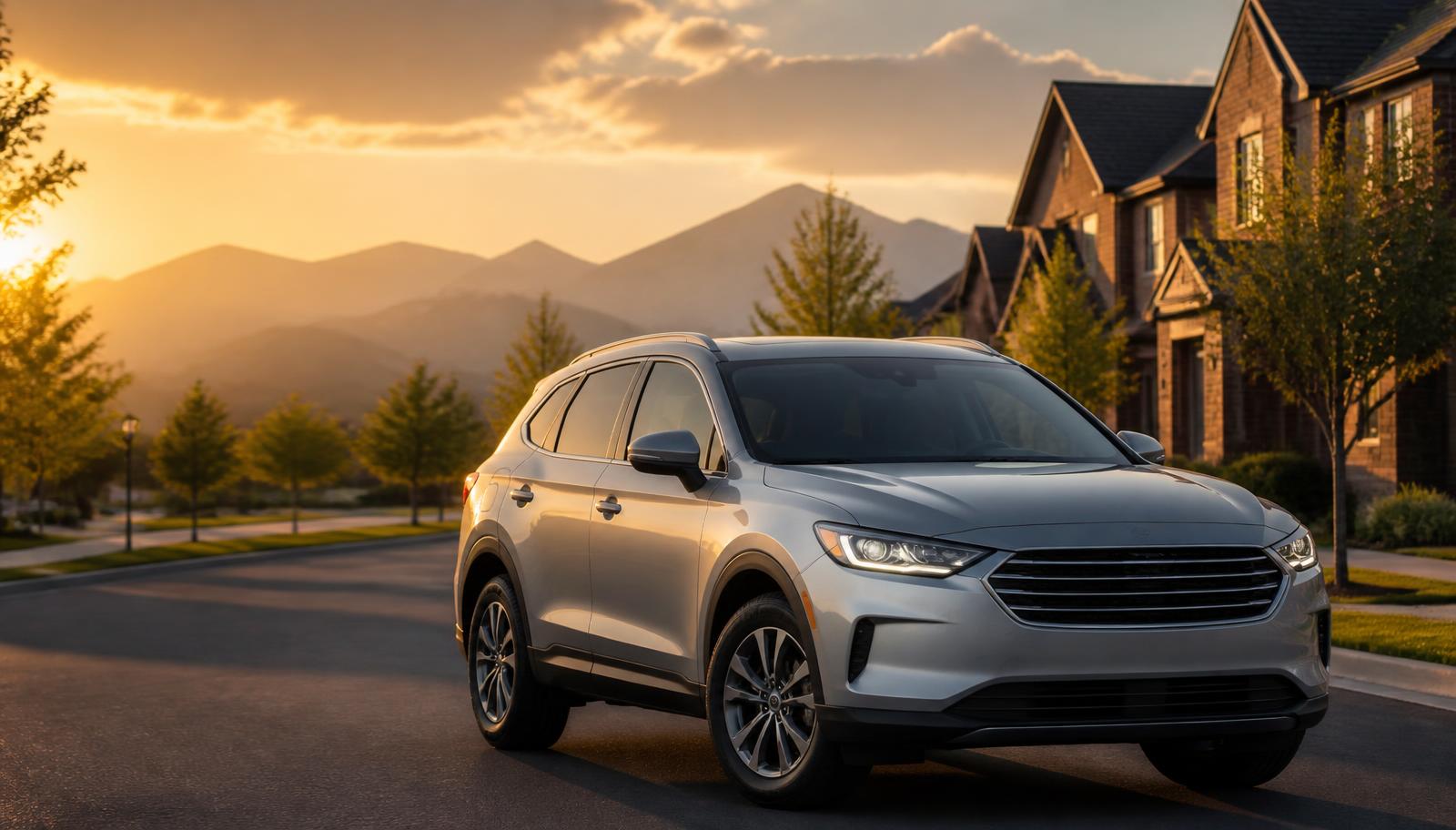 Mobile headlight restoration service in Riverton — clean family crossover parked on a landscaped Riverton residential street at golden hour with one restored headlight illuminated