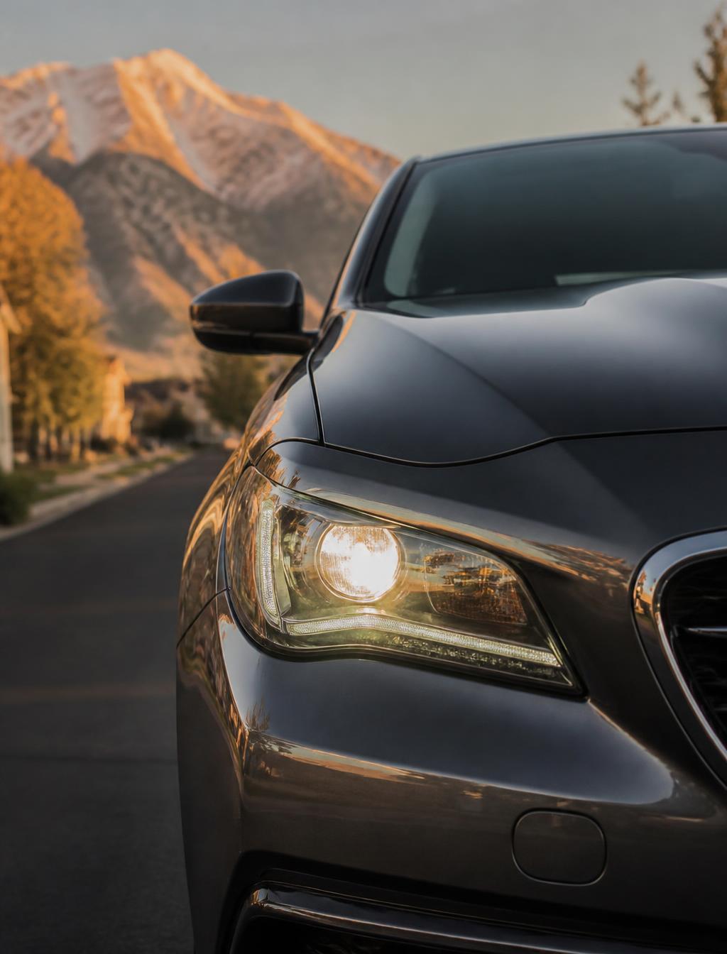 Newer car with a bright, clear restored headlight glowing on a quiet suburban Riverton street at golden hour