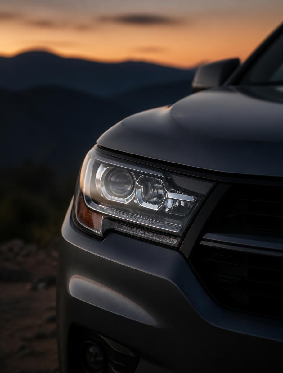 Clear headlight after restoration and ceramic coating with a soft mountain silhouette behind the vehicle