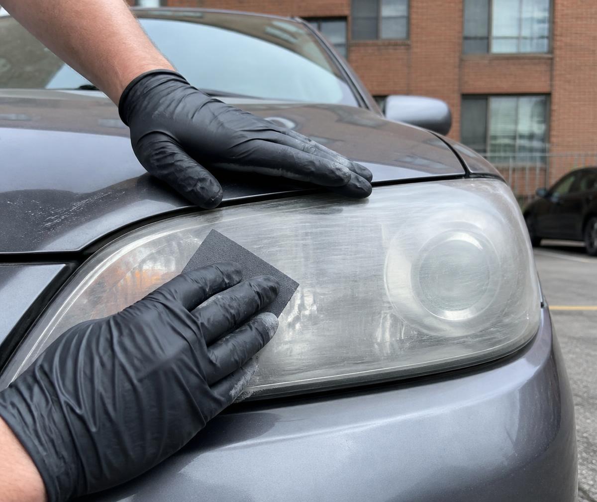 Technician sanding headlights in Salt Lake City — removing oxidation from a cloudy headlight in an approved city parking area