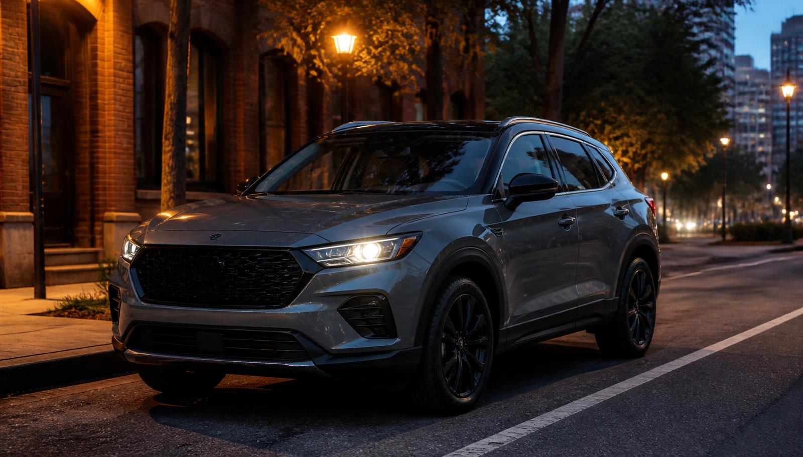 Mobile headlight restoration service in Salt Lake City — clean compact SUV parked on a downtown-adjacent city street at blue hour with one restored headlight illuminated