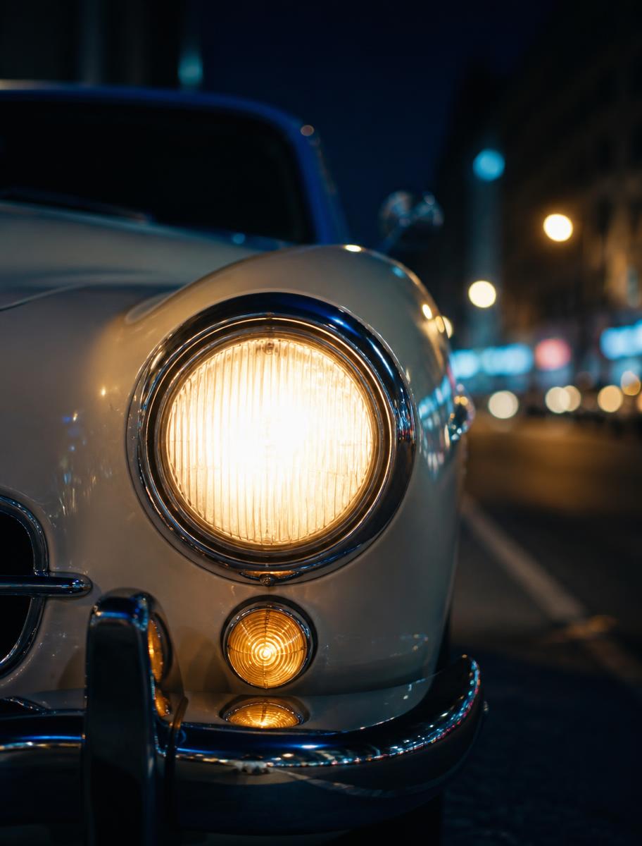 Clear headlight after restoration and ceramic coating glowing on a city street at night