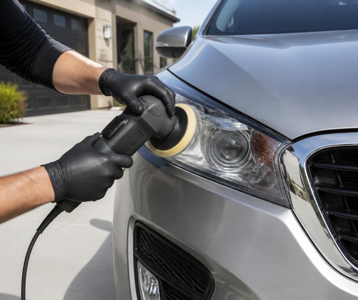 Technician restoring headlights at a South Jordan home — machine polishing the headlight of a family SUV in a clean residential driveway