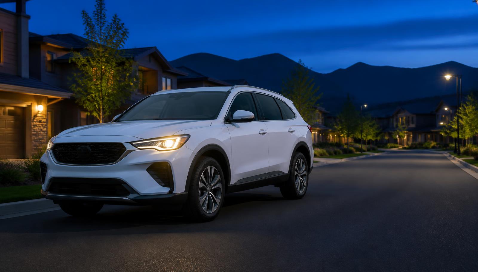 Mobile headlight restoration service in South Jordan — clean family SUV parked on a modern neighborhood street at blue hour with one restored headlight illuminated