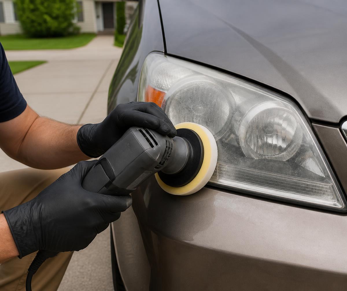 Technician restoring headlights at a Taylorsville home — hand-polishing a family vehicle headlight in a residential driveway