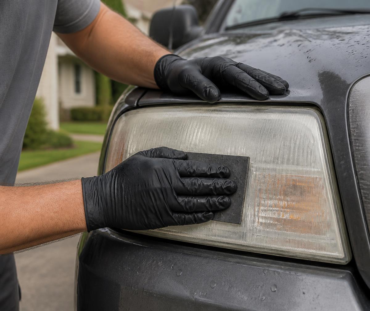 Technician sanding headlights at a West Jordan home — removing oxidation from a cloudy truck headlight in a residential driveway