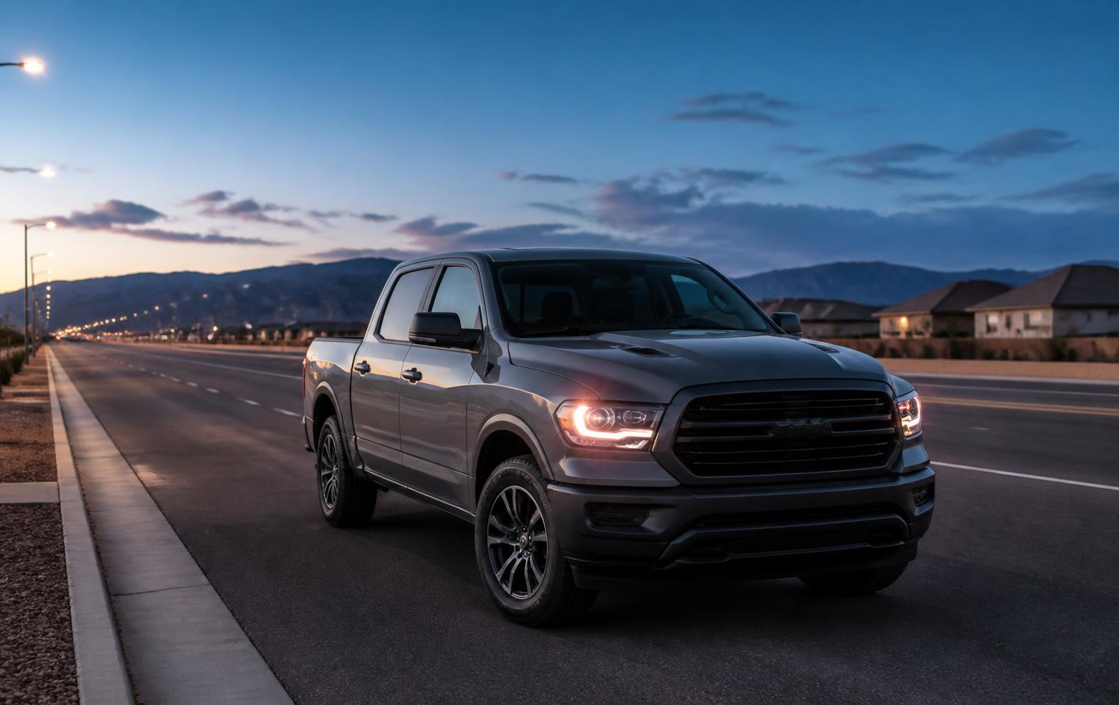 Mobile headlight restoration service in West Jordan — pickup truck with one restored headlight illuminated on a broad suburban roadway at early evening