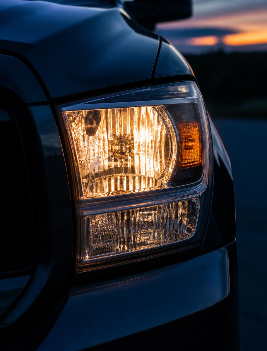 Clear headlight after restoration and ceramic coating on a pickup truck at dusk