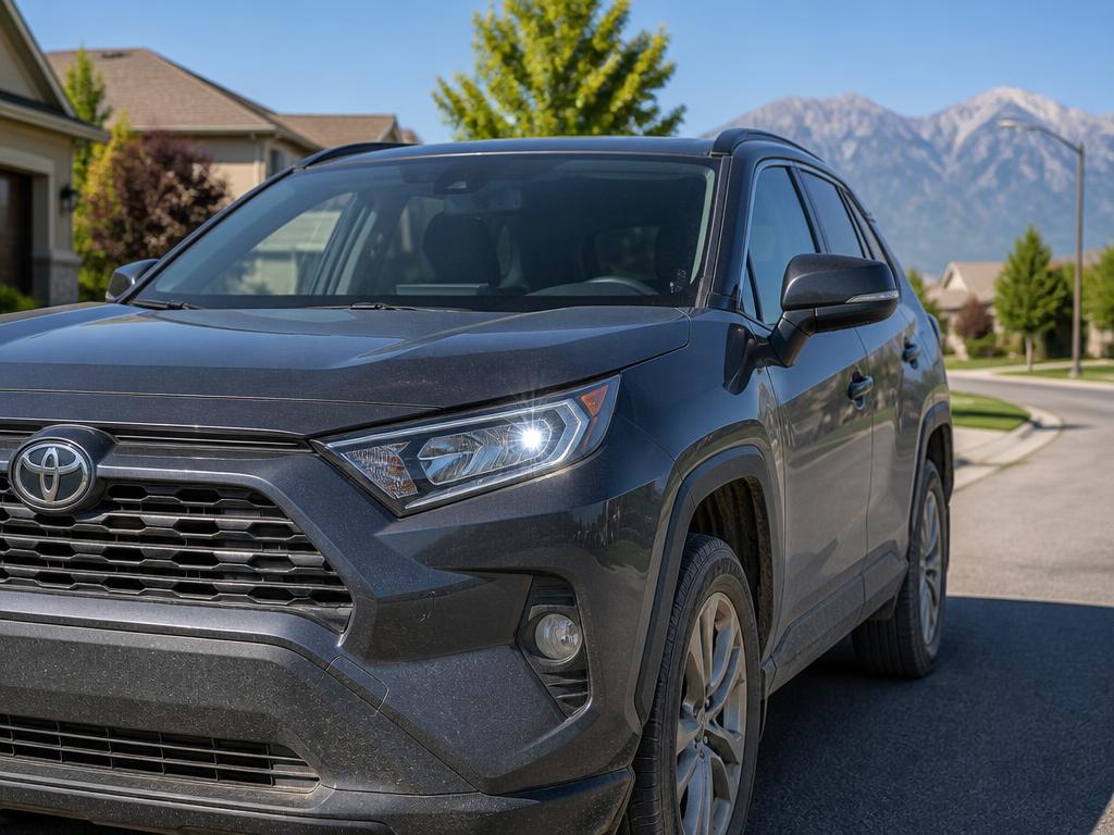 Modern SUV in West Jordan sun with road grime and a clear, bright driver-side headlight visible — showing how daily driving conditions affect headlights