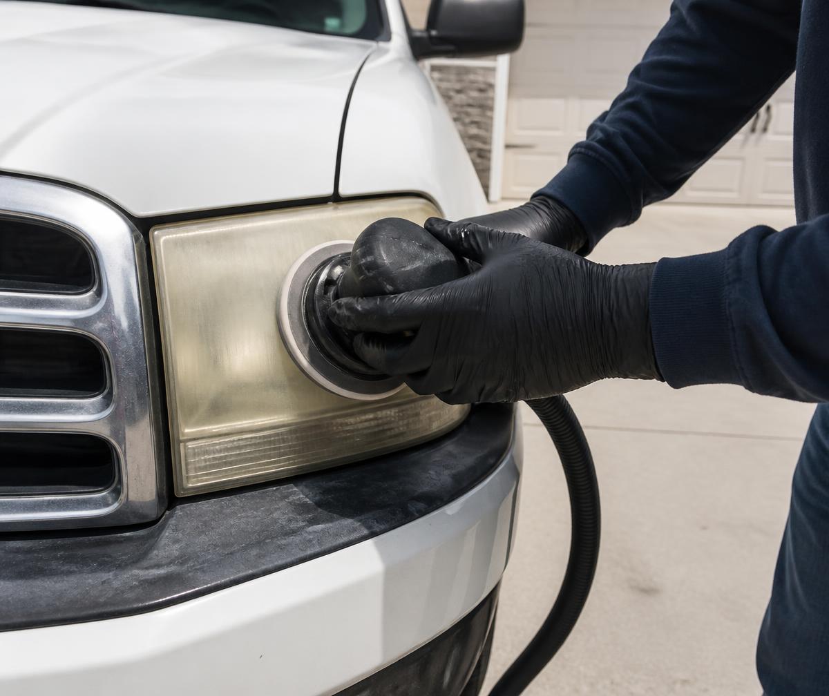 Technician restoring headlights at a West Valley City home — sanding the cloudy headlight of a white pickup truck in a driveway